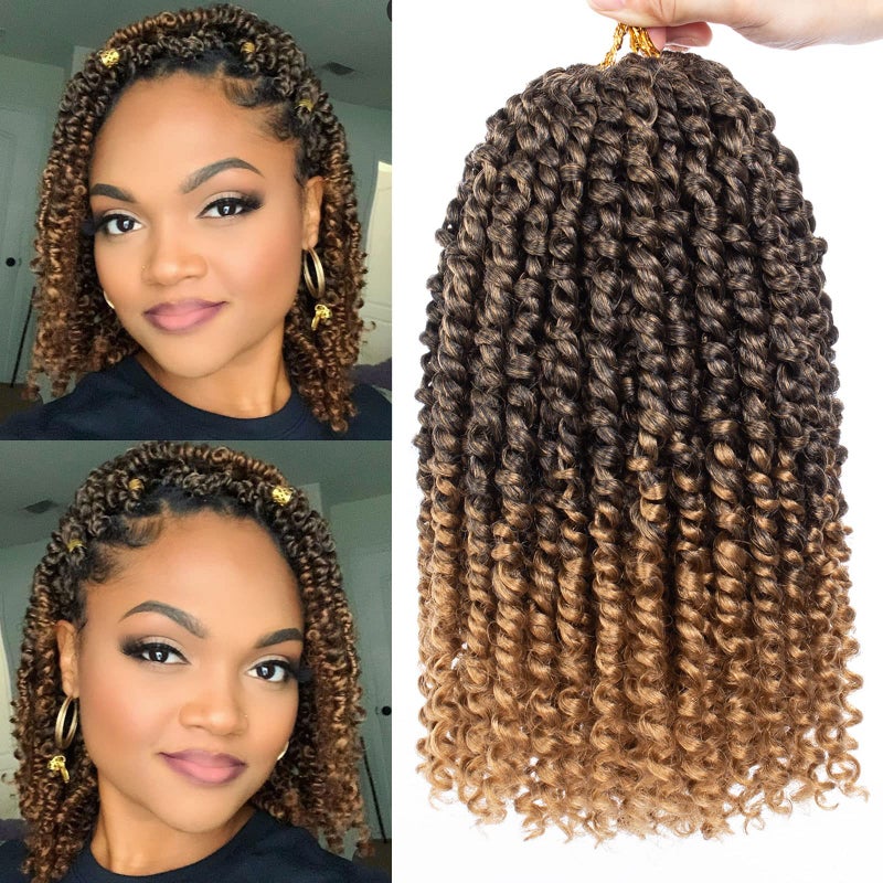 Leeven 8 Packs Ombre Blonde PreTwisted Passion Twist Hair With Curly Ends 10 Inch Short Passion Spring Twist Crochet Braids Hair Synthetic Bohemian Braiding Hair Extensions for Women T27